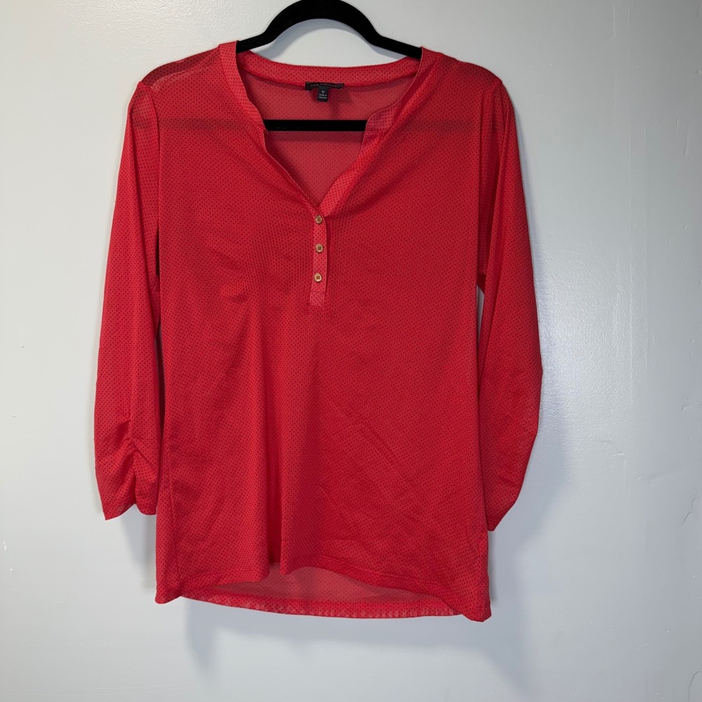The Limited Red Polka Dot Mesh Henley Blouse 3/4 Sleeve Top Womens‎ Medium
